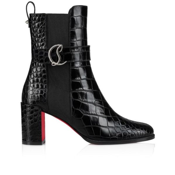 

elegant women ankle boot reds sole boots chelsea booty bottines 70mm block heeled with sliver buckle black sheepskin leather luxury designer