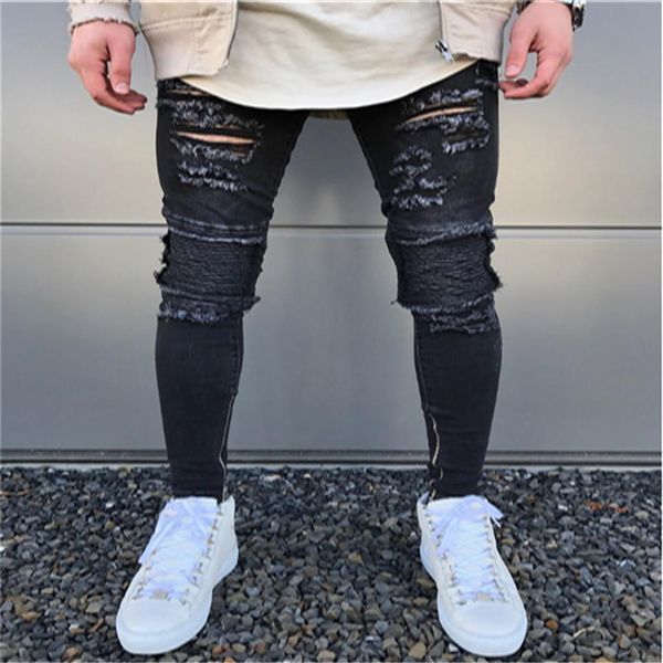 

men's fashion micro-bomb slim motorcycle jeans hip hop men washed torn jeans zipper designer black jean2980, Blue