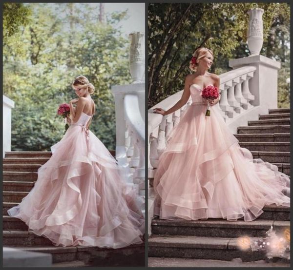 

2019 new blush pink garden wedding dresses with ribbon sweetheart beads ruffles skirt princess bohemian bridal dresses with sweep 9847202, White
