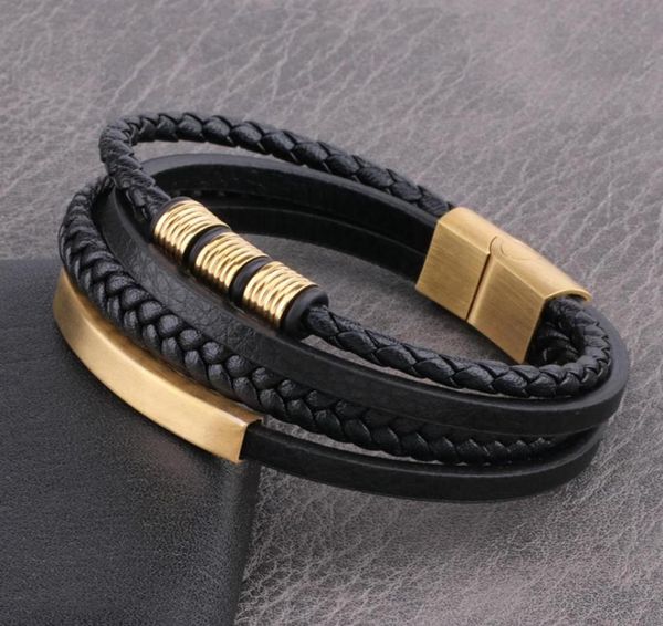 

charm bracelet men multilayer leather handmade wristbands with magnetic stainless steel closure length 19cm22cm72847481290816, Golden;silver