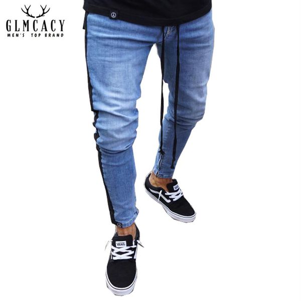 

men's blue side striped skinny streetwear denim jeans hip hop vintage wash slim fit pencil pants323a