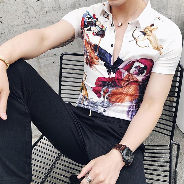 

2023 summer mens printed retro square neck shortsleeved shirt korean style slim personality trend 65u, White;black