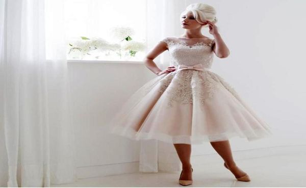 

vintage 1950039s wedding dresses cap sleeves tea length saudi champagne lace seethrough back beach bride gowns60240413498119, White