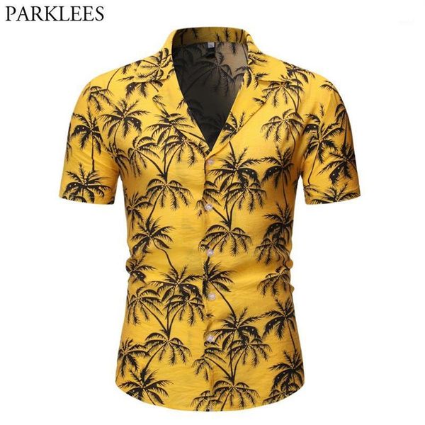 

plam tree print hawaiian aloha shirts 2020 summer fashion short sleeve yellow beach shirts mens casual party holiday chemise 2xl1225u, White;black