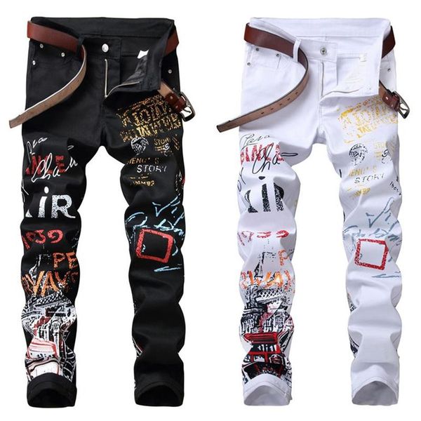 

high street fashion mens jeans night club black white color personal designer printed jeans men punk pants skinny hip hop295b, Blue