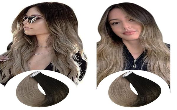 

balayage tape in human hair extensions ombre color skin weft invisible tape ins extension full head 100g40pcs7622435, Black;brown