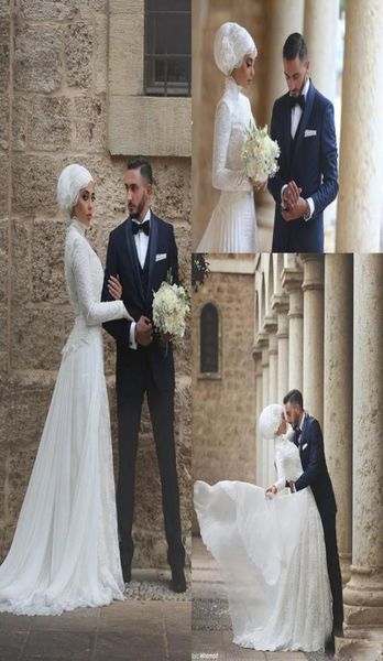 

muslim a line wedding dresses long sleeves full lace bridal gowns high collar arabic rode de mariage5332878, White