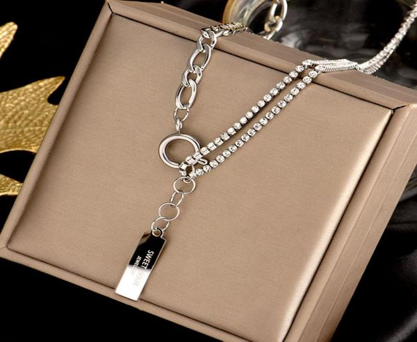 

sliver shining flash diamond stone double layer pendants necklace jewelry platinum plated women gift choker neck splicing fashion 7636552, Silver