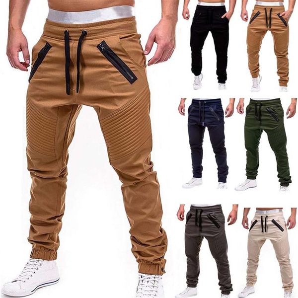 

men's cargo middle waist pants autumn tether foot hip hop harem joggers male trousers men solid multipocket skinny fit sweatp261b, Black