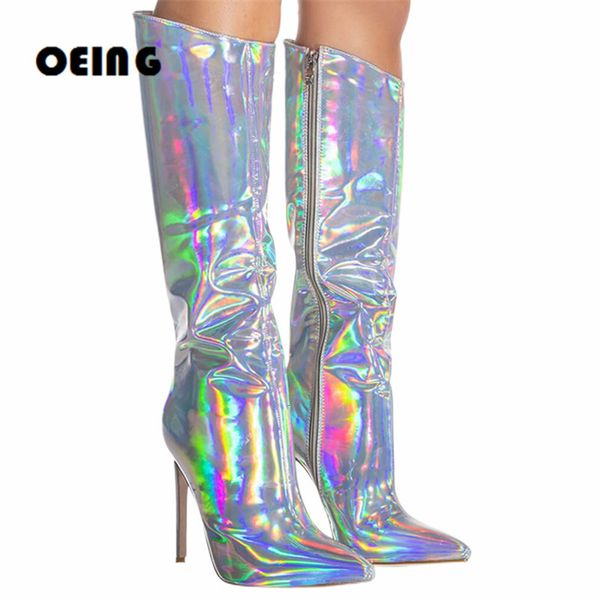 

boots autumn women metallic leather knee-high boots female pointed toe stiletto boots beauties mirror laser leather party dress shoes 230811, Black