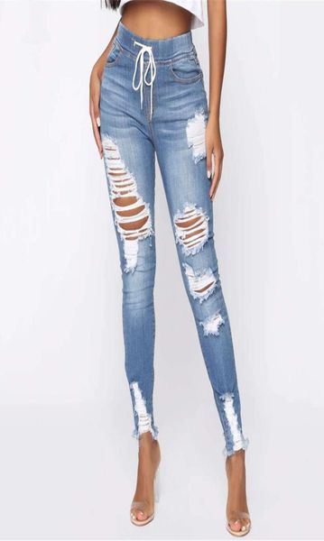 

women039s pants with medium waist rubber band high stretch hole jeans2459149, Blue