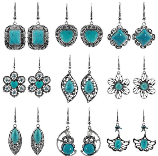 

bohemian vintage charm turquoise heart designer earring for woman party jewelry silver plated rhinestone flowers owl feather penda3556825, Golden