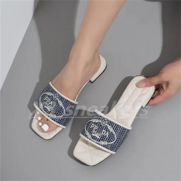 

designer slides women embroidered fabric slippers metallic slide sandals luxury p sandal triangle chunky heel fashion summer beach low heel
