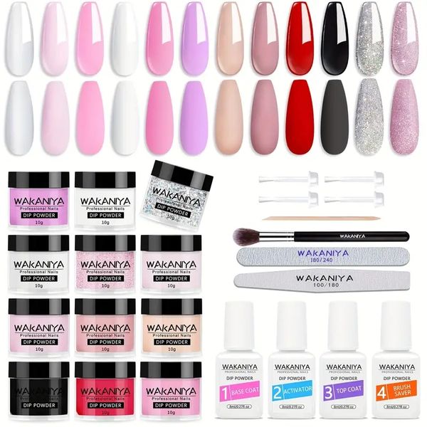 

dip powder nail kit -12 colors dip manicure kit pure and glitter dipping powder set with base coat for professionals beginners summer classi