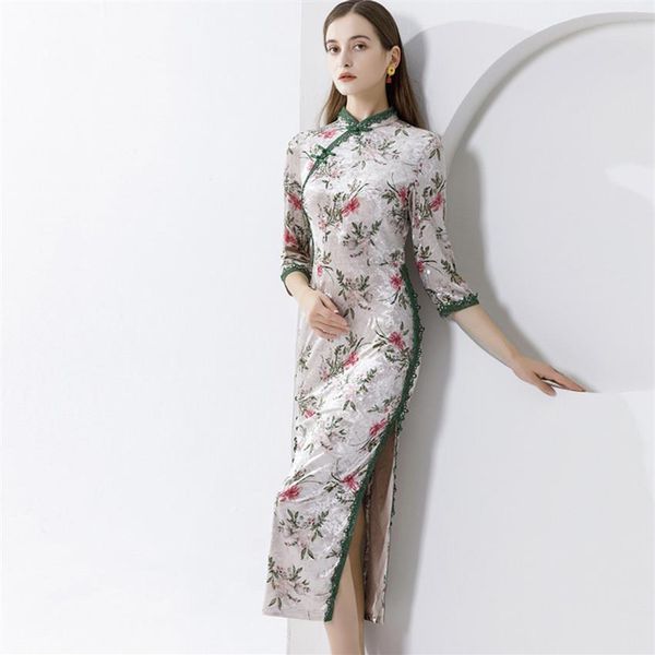 

womens vintage dresses stand collar 3 4 sleeves printed lace piping side split printed velour chinese qipao dresses2571, Black