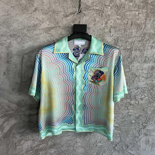 

summer high-end quality silk short-sleeved shirts - us size fashionable shirt beautiful geometric wavy print design mens luxury ca2080, White;black
