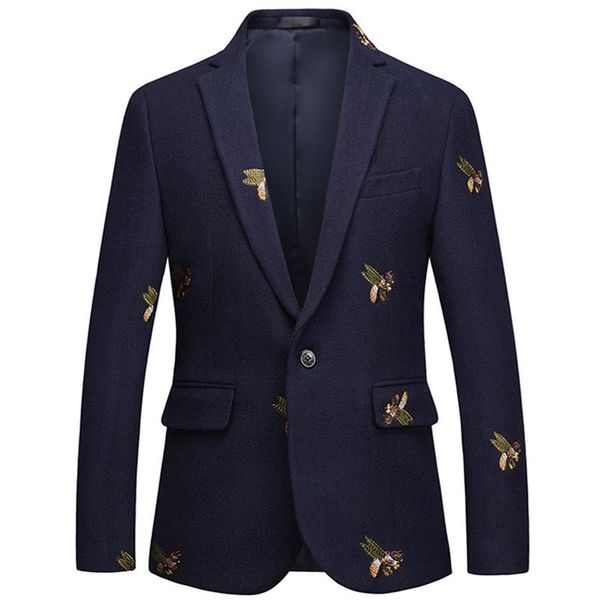 

men's bee embroidery blazer slim fit wedding prom blazers tweed wool for men stylish suit jacket297a, White;black
