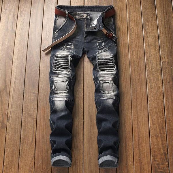 

cross border supply men's elastic black jeans motorcycle miscellaneous splicing men's jeans pants311y, Blue