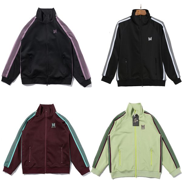

men's jackets pink stripe needles awge sports jackets men women hip hop black needles jacket butterfly embroidery coats streetwear 2308, Black;brown