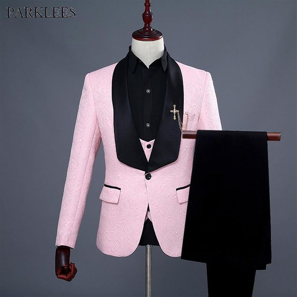 

mens one button shawl lapel floral jacquard 3 pcs suits 2019 brand new wedding groom prom tuxedo suit men terno masculino pink222h, White;black