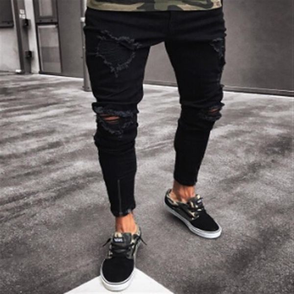 

black pants for men hip hop rock holes ripped jeans biker slim fit zipper jean distressed pants322g, Blue