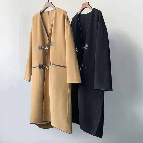 

toteme women metal buckle long coat v-neck long sleeve cashmere coat jacket, Black
