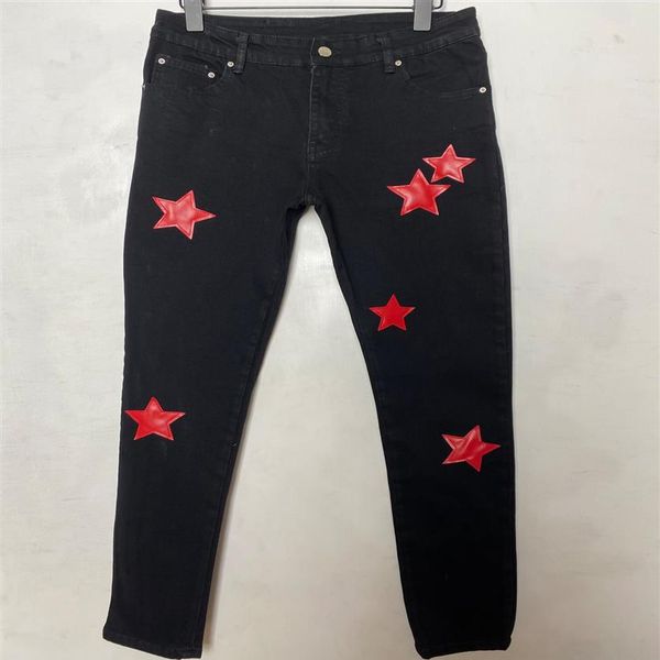 

mens jeans pants long skinny leather black red white five-pointed star destroy the quilt ripped straight hole fashion designer jea220l, Blue