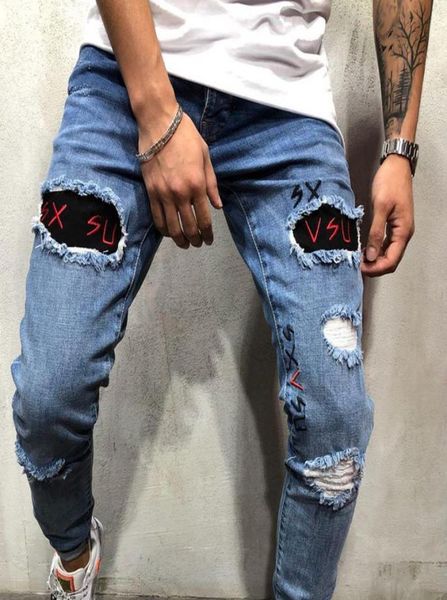 

mens designer patches panelled jeans male stretch skinny hole pencil pants fashion homme street style jeans5924886, Blue