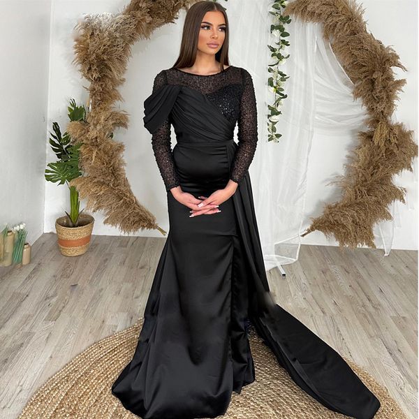 

black sequined mermaid evening dresses with detachable train ruched satin formal gown plus size arabic dubai bead special occasion dress, Black;red