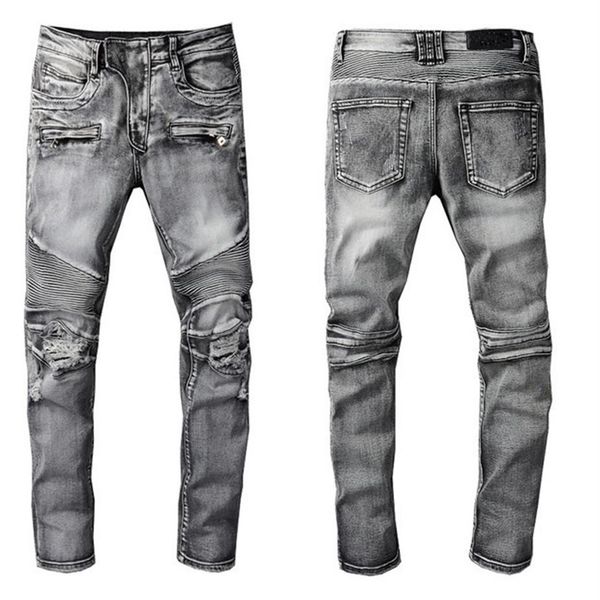 

designer luxury mens jeans brand washed design grey slim-leg denim pants fashion club clothing male hip hop skinny motorcycle bike176g, Blue