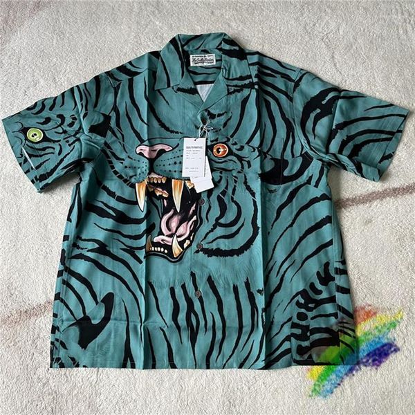 

men's casual shirts blue tiger print wacko maria shirt men women hawaiian tee short sleeve201k, White;black