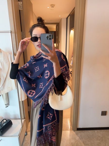

2023 new luxury v designer scarf 100% cashmere women thick shawl winter warm long fringe pashmina scarf with original box, Blue;gray