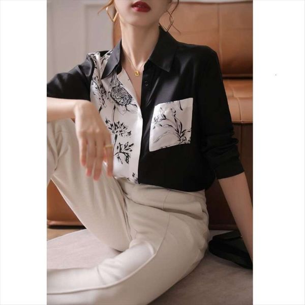 

imitation silk blouse for shirts women autumn long sleeved slim high end ink print black and white stitching shirt