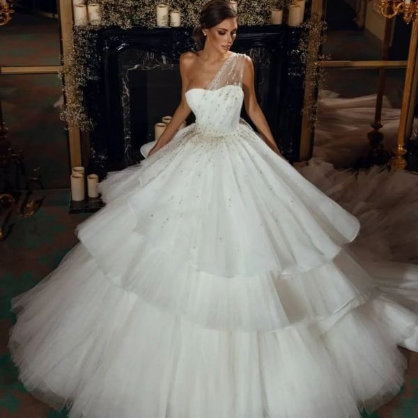

romantic strapless crystal beading one shoulder ball gown wedding dress 2023 gorgeous tiered tull princess bridal gown, White