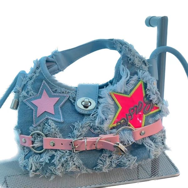 

2023 new y2k spicy girls pink five point star patch design ragged edge denim crossbody bag niche designers