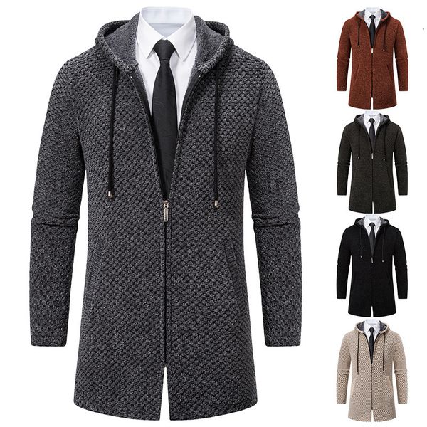 

mens sweaters men trench coat winter autumn long sweater jacket thick fleece thermal knit hoodies luxury cold overcoat with cap 230811, White;black