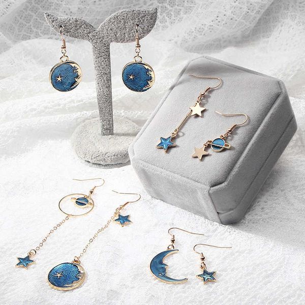 

new fashion blue space universe moon star dangle earrings asymmetry sky planet pendant earring for women jewelry party gifts, Silver