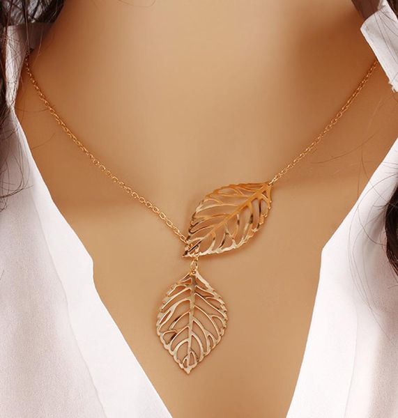 

cr jewelry new punk fashion minimalist two leaves pendant clavicle necklaces for women jewelry gift tassel summer beach chain coll5661428, Silver