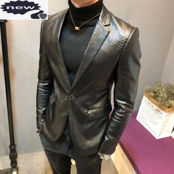

winter fleece pu leather jacket men 2021 autumn slim fit snake pattern elegant business blazer mens smart casual suit jackets men&2553, White;black
