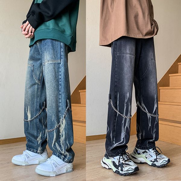 

men's jeans tiedyed straight hip hop neutral denim trousers loose wide leg street cargo pants man chain baggy large 5xl 230811, Blue