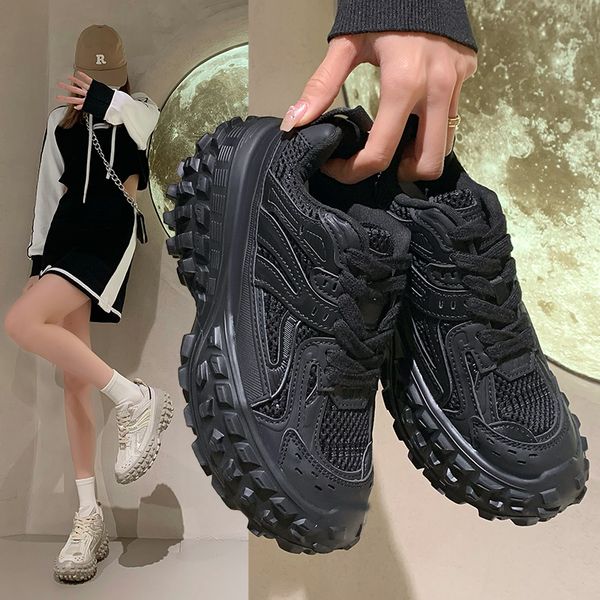 

dress shoes spring women sneakers fashion thick sole old dad shoes breathable running shoes height increasing walking sneakers 230811, Black