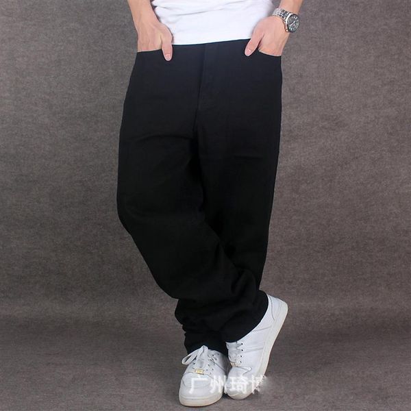 

whole-mens pure black hiphop baggy cotton denim jeans men loose fit for street dancing wide leg pants plus size 42 44 46284b, Blue
