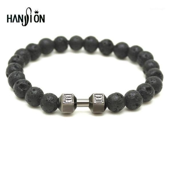 

2020 mens bracelet natural stones live lift dumbbell bracelet lava onyx beads fitness rockmen 4 color14724728, Golden;silver