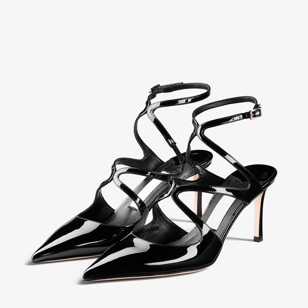 

fashion women sandals senior azia pump 75 mm italy classic pointed toe cross double ankle sling buckle black nude patent leather designer sa