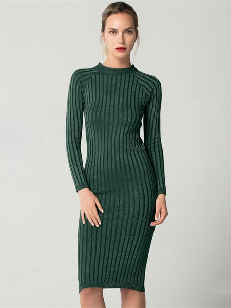 

basic casual dresses women slim bright silk o neck knit full sleeve bodycon pencil dress office lady spring autumn 230811, Black;gray