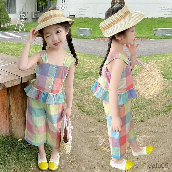 

clothing sets kids clothes girls plaid pattern girls clothing casual style clothes girl summer children's costume r230812, White