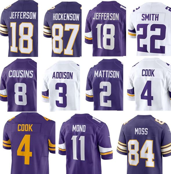 

football jerseys 84 randy moss 18 justin jefferson 4 dalvin cook 22 harrison smith 8 kirk cousins 87 t.j. hockenson 3 addison 2 alexander ma, Black;red