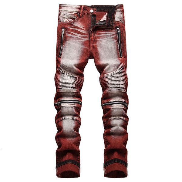 

men's jeans men casual coated straight pleated biker male motorcycle denim pants vaqueros hombre plus size 42 230811, Blue