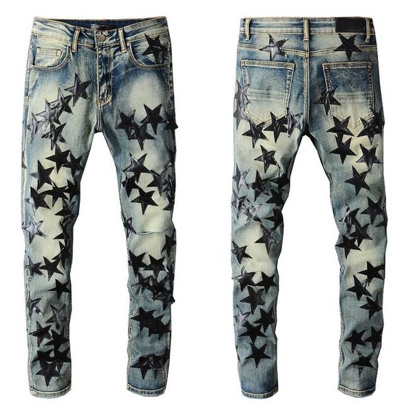 

pantalon homme trendy jeans black star pattern patch street motorcycle pants punk denim long hip hop men2850, Blue