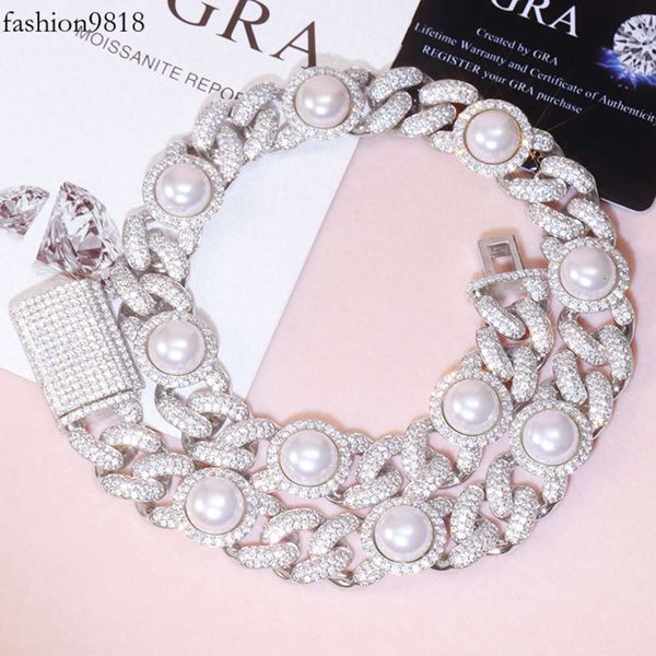 

design 17mm natural pearl necklace sterling sier vvs moissanite cuban chain jewelry necklace, Silver